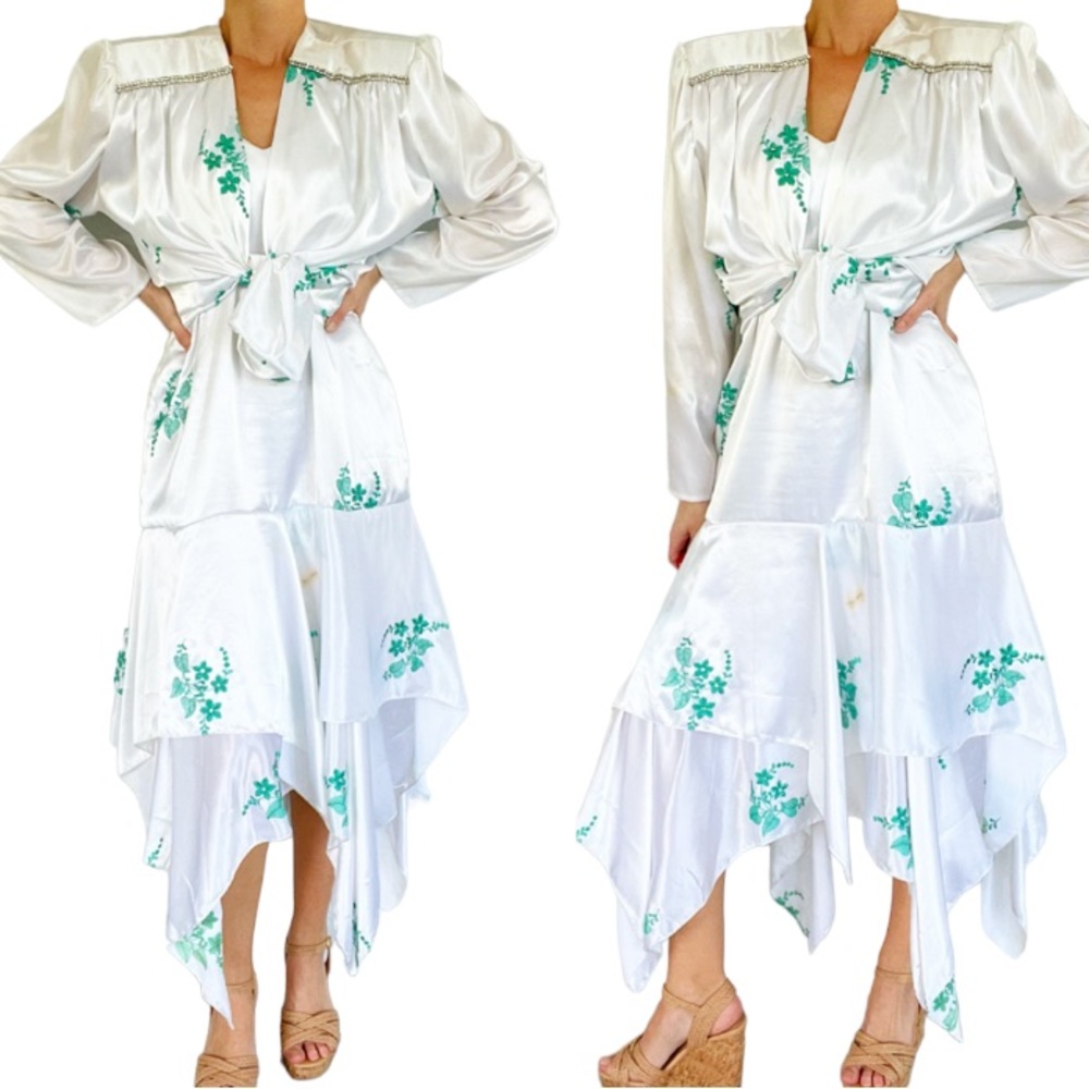 Vintage handmade white green satin rhinestone dress cardigan set size large